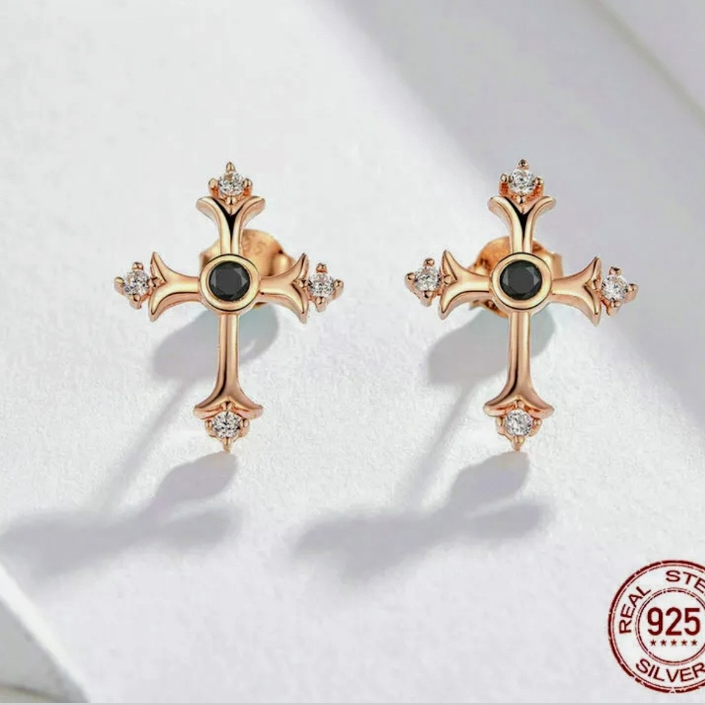 Rose gold cross with Onyx & Topaz earrings - Picture 2 of 6